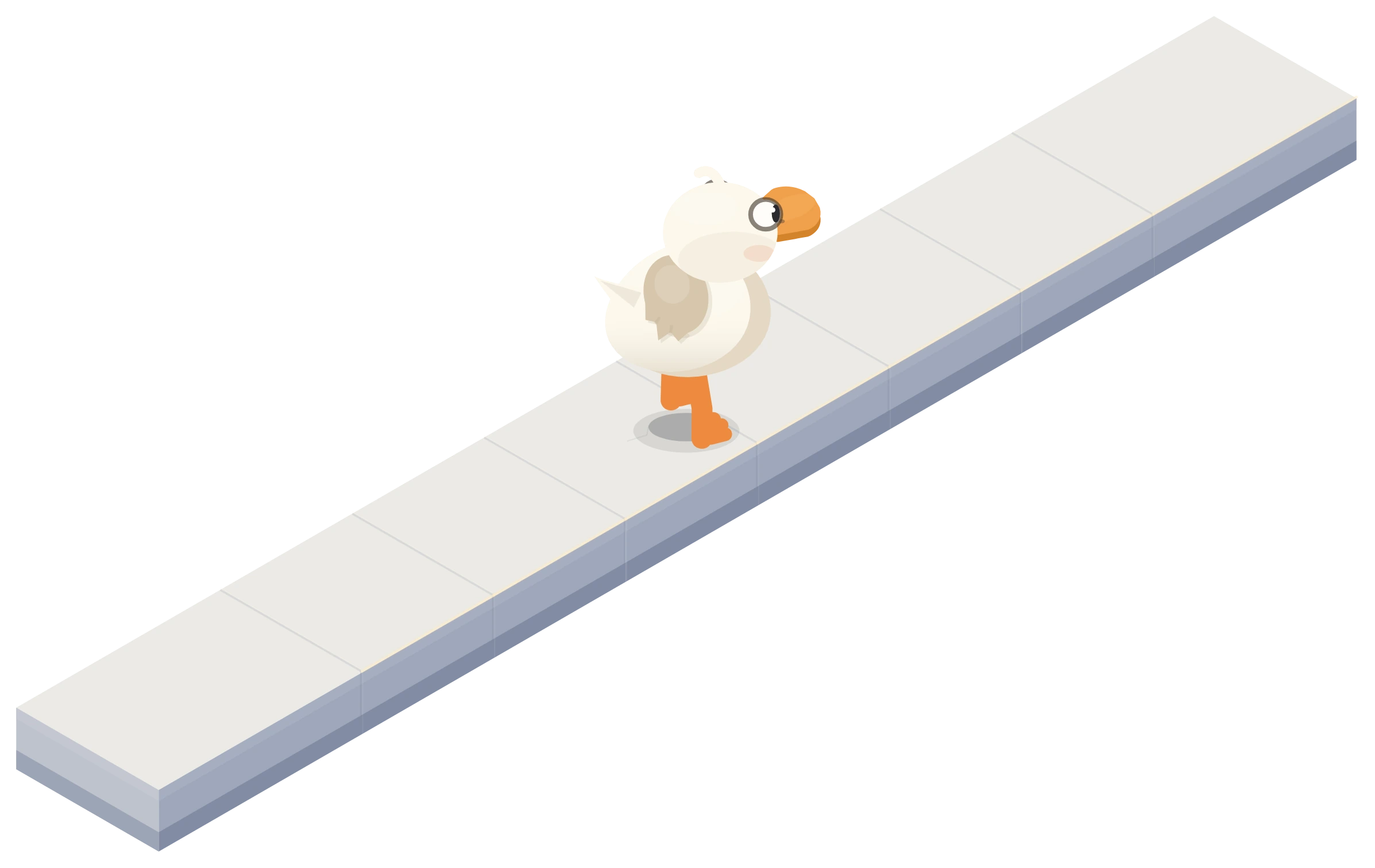 The SPACE QUACK duck walking along a long white stone path through dark space.