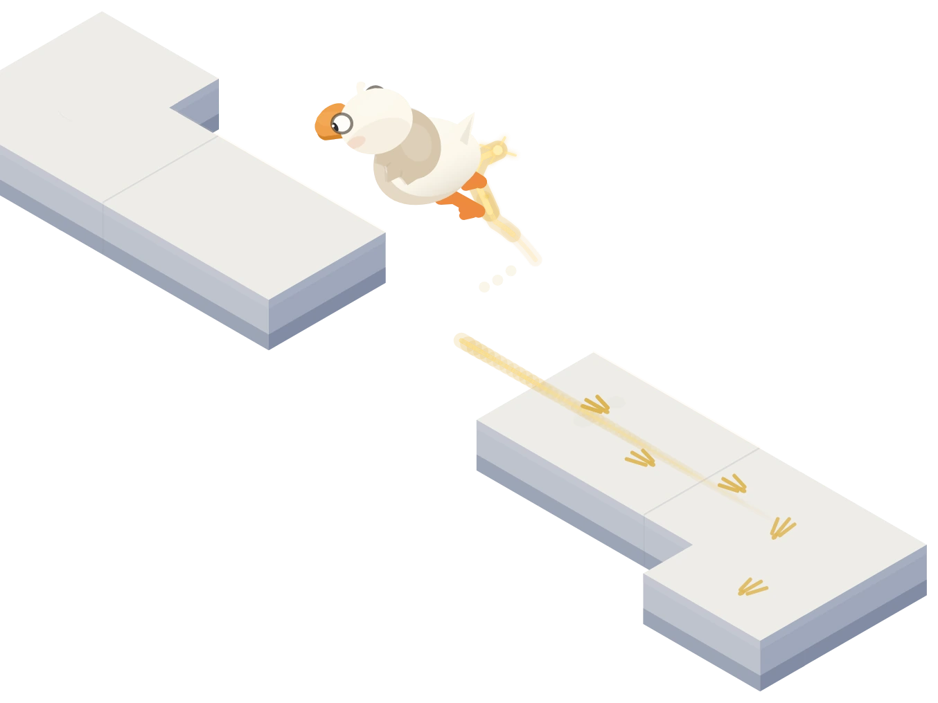 The duck in mid-air over a gap, a thin gold trail behind it.