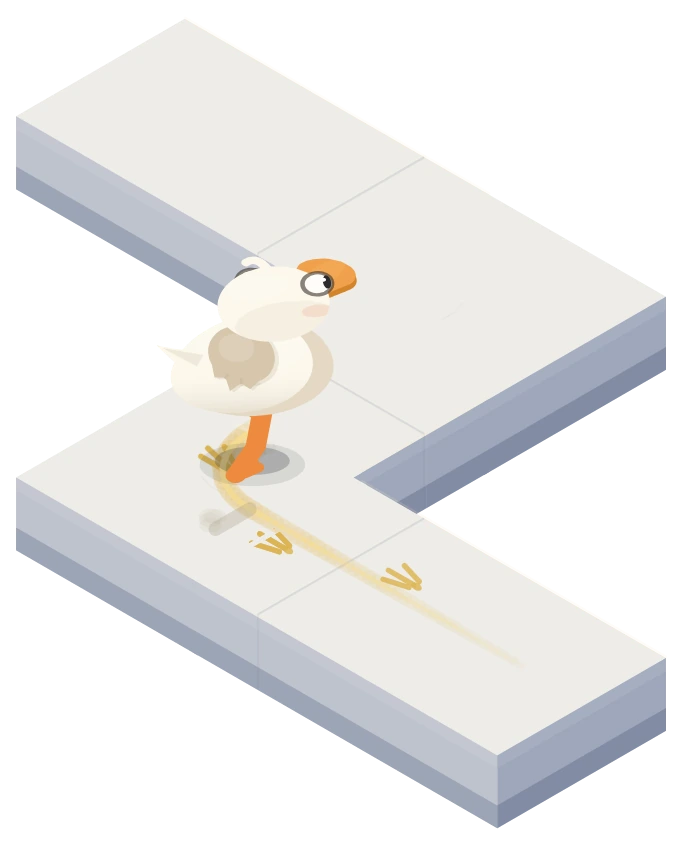 The duck moving through a corner of the path, gold footprints behind it.