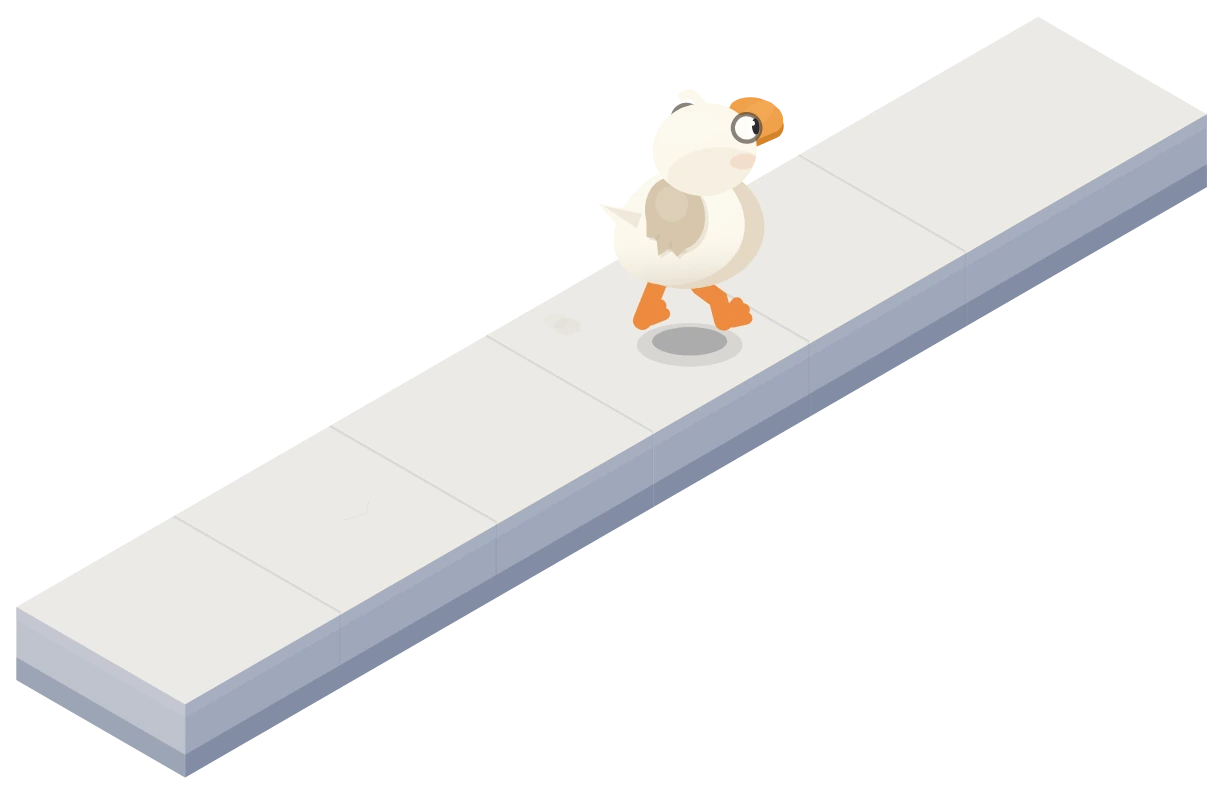 The duck walking along a straight stretch of path toward a gap.